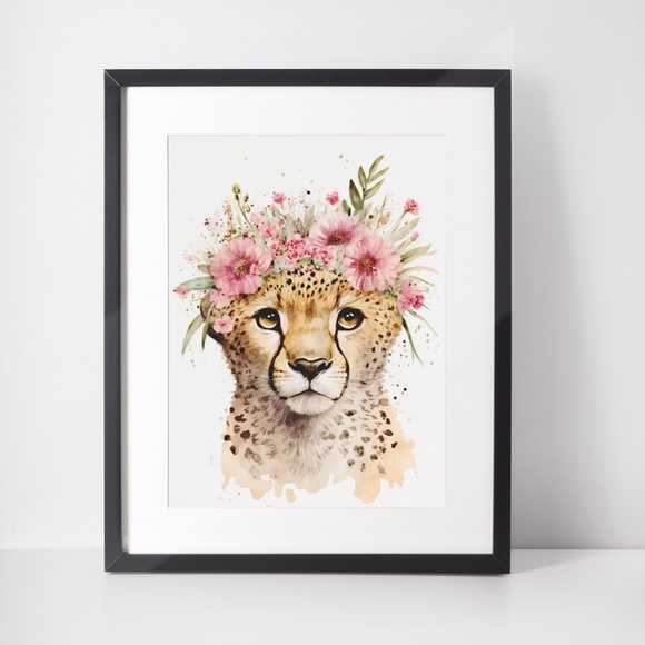 Cute Floral Cheetah Watercolor Wall Art Illustration Print Poster Card Unframed - Picture 3 of 8